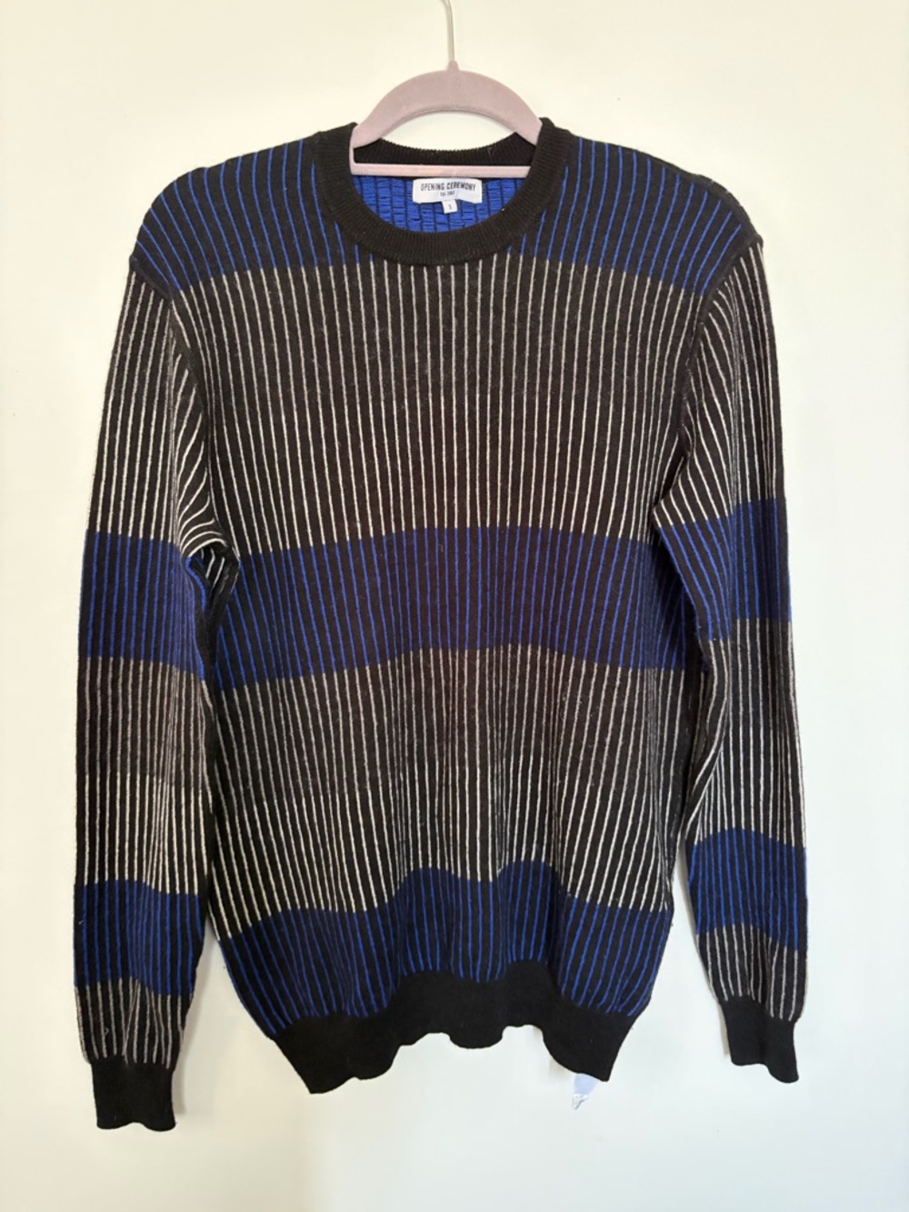 Opening Ceremony Wool-Cashmere Men’s Black & Blue Striped Crewneck Sweater - S